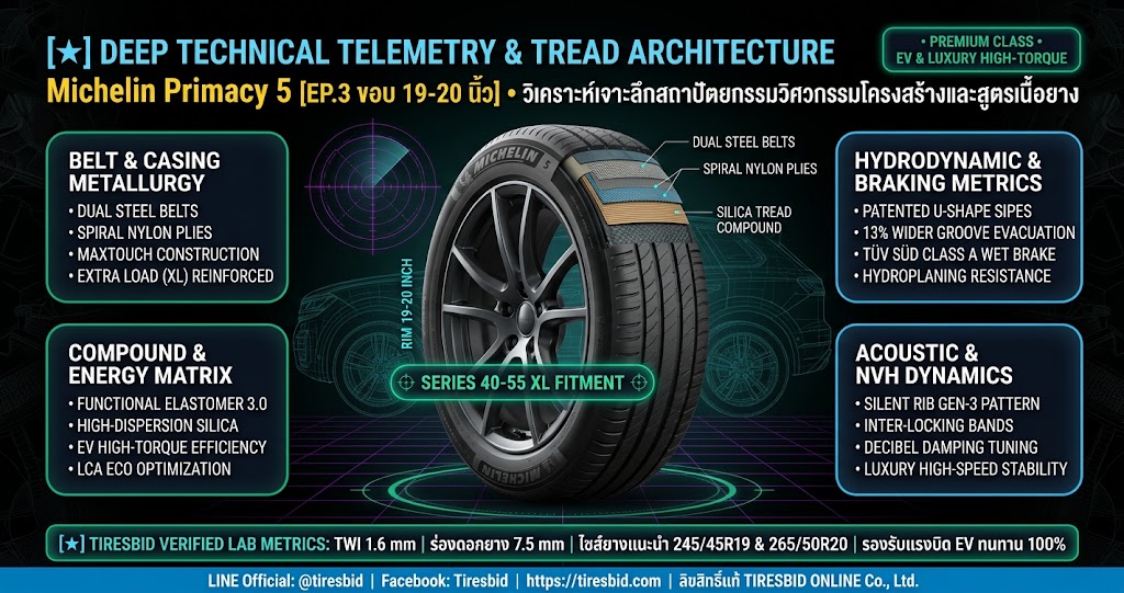 ภาพผ่าโครงสร้างวิศวกรรมหน้ายางและเทเลเมทรี Michelin Primacy 5 EP.3 ขอบ 19-20 นิ้ว สถาปัตยกรรมยางนุ่มเงียบพรีเมียมทัวร์ริ่ง โครงสร้าง MaxTouch Construction เสริม Extra Load (XL) รองรับน้ำหนักแบตเตอรี่รถยนต์ไฟฟ้า EV และรถ SUV ขนาดใหญ่ ตรวจสอบโดย Tiresbid Engineering Lab