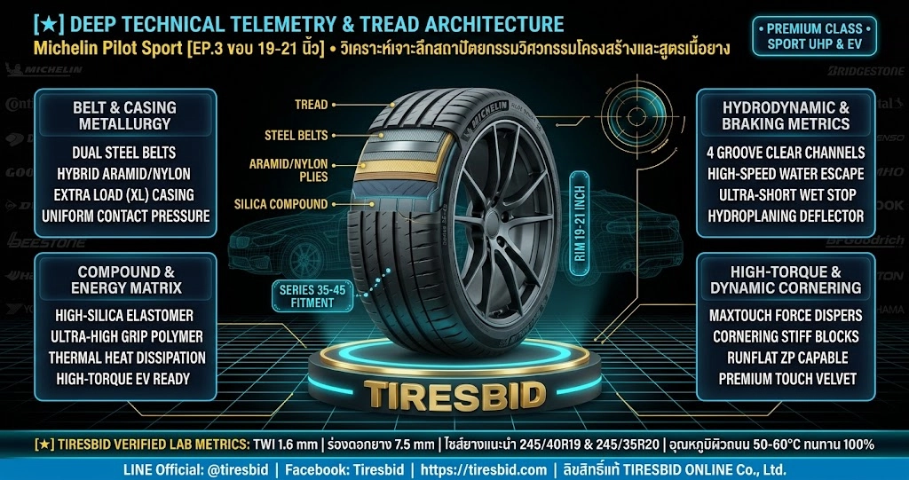ภาพผ่าโครงสร้างวิศวกรรมหน้ายางและเทเลเมทรี Michelin Pilot Sport Series EP.3 ขอบ 19-21 นิ้ว สถาปัตยกรรมยางสปอร์ต UHP เข็มขัดรัดหน้ายาง Hybrid Aramid และ Nylon โครงสร้าง MaxTouch Construction รองรับแรงบิดฉับพลัน EV ซูเปอร์คาร์และรันแฟลต ZP ตรวจสอบโดย Tiresbid Engineering Lab