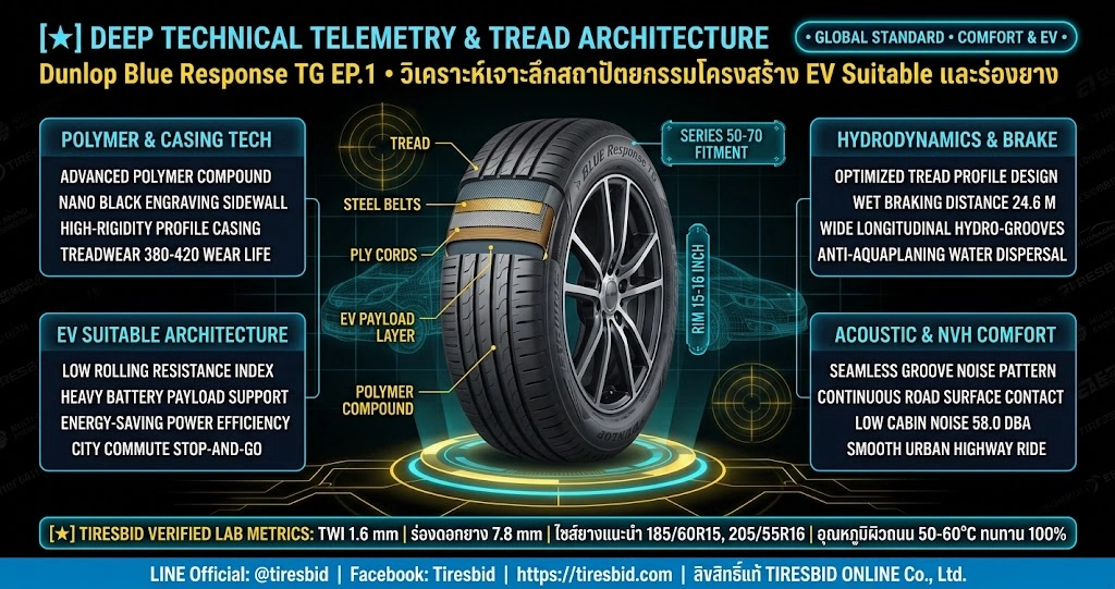 ยาง Dunlop Blue Response TG EP.1 วิเคราะห์เจาะลึกสถาปัตยกรรมโครงสร้าง EV Suitable และเทคโนโลยี Seamless Groove Pattern ขอบ 15-16 นิ้ว