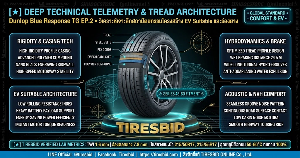ยาง Dunlop Blue Response TG EP.2 วิเคราะห์เจาะลึกสถาปัตยกรรมโครงสร้าง EV Suitable และเทคโนโลยี Seamless Groove Pattern ขอบ 17 นิ้ว