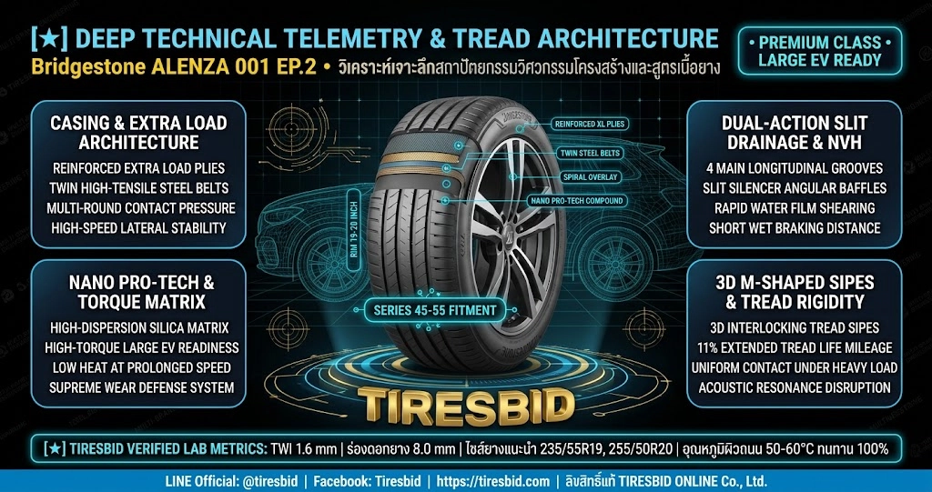 ภาพผ่าโครงสร้างวิศวกรรมหน้ายางและเทเลเมทรี Bridgestone ALENZA 001 EP.2 ขอบ 19-20 นิ้ว สถาปัตยกรรม Extra Load โครงสร้าง Large EV Ready เนื้อยาง Nano Pro-Tech สำหรับ Luxury SUV และ EV สมรรถนะสูง ตรวจสอบโดย Tiresbid Engineering Lab