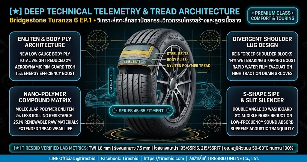 ภาพผ่าโครงสร้างวิศวกรรมหน้ายางและเทเลเมทรี Bridgestone Turanza 6 EP.1 ขอบ 15-17 นิ้ว เทคโนโลยี ENLITEN ร่อง S-Shape Slit Silencer และ Divergent Shoulder Lug สำหรับรถเก๋งและซีดาน ตรวจสอบโดย Tiresbid Engineering Lab