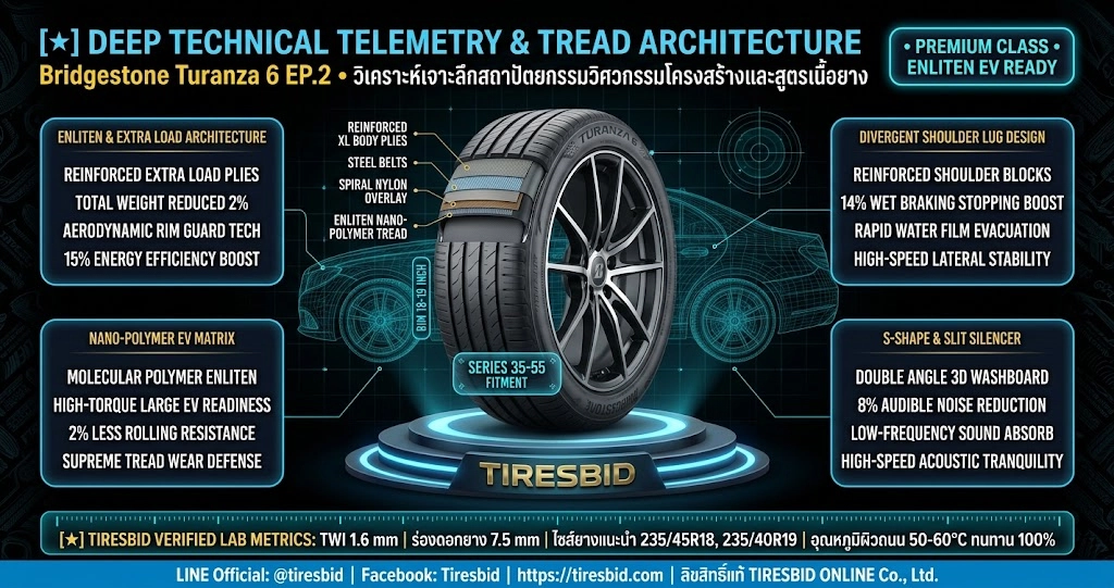 ภาพผ่าโครงสร้างวิศวกรรมหน้ายางและเทเลเมทรี Bridgestone Turanza 6 EP.2 ขอบ 18-19 นิ้ว สถาปัตยกรรม Extra Load โครงสร้าง ENLITEN EV Ready ร่อง S-Shape Slit Silencer สำหรับ Luxury Sedan และ EV สมรรถนะสูง ตรวจสอบโดย Tiresbid Engineering Lab