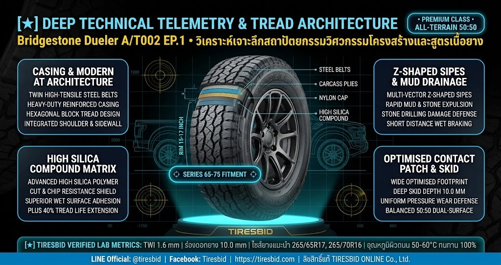ภาพผ่าโครงสร้างวิศวกรรมหน้ายางและเทเลเมทรี Bridgestone Dueler All-Terrain A/T002 EP.1 ขอบ 15-17 นิ้ว ดอกยาง Modern All-Terrain บล็อกหกเหลี่ยม ร่อง Z-Shaped Sipes สำหรับกระบะยกสูงและ PPV ตรวจสอบโดย Tiresbid Engineering Lab