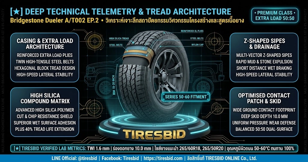 ภาพผ่าโครงสร้างวิศวกรรมหน้ายางและเทเลเมทรี Bridgestone Dueler All-Terrain A/T002 EP.2 ขอบ 18-20 นิ้ว สถาปัตยกรรม Extra Load หน้ายาง Optimised Contact Patch ร่องลึก Skid Depth สำหรับ PPV ตัวท็อปและสายแต่งออฟโรด ตรวจสอบโดย Tiresbid Engineering Lab