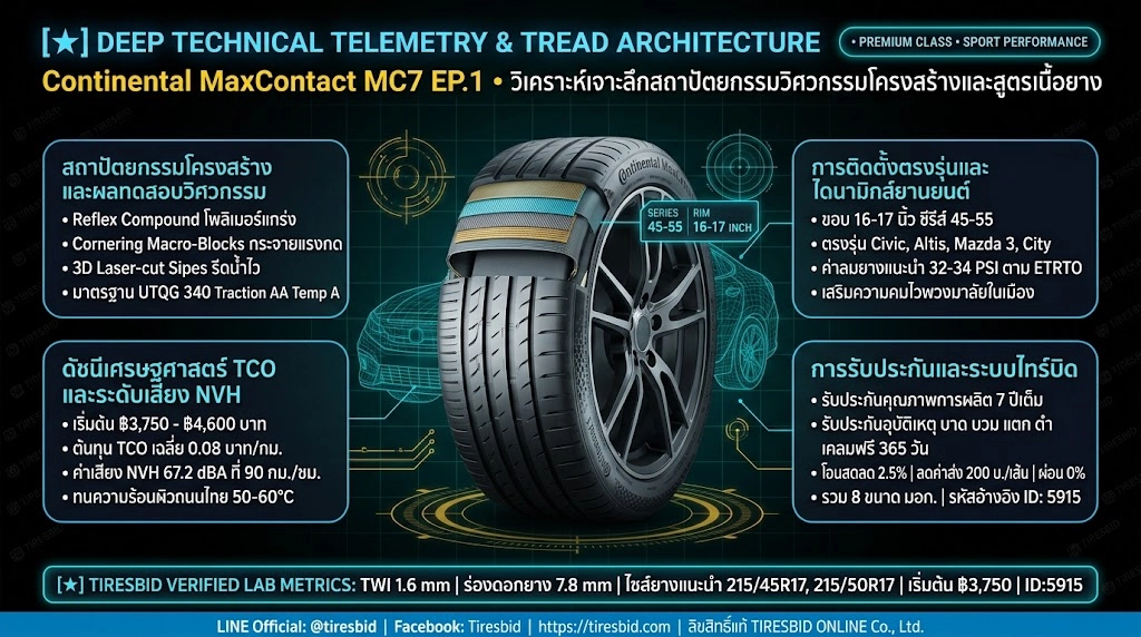 ผ่าโครงสร้างวิศวกรรมยาง Continental MaxContact MC7 EP.1 ขอบ 16-17 นิ้ว เทคโนโลยี Reflex Compound บล็อกดอกยาง Cornering Macro-Blocks และ 3D Laser-cut Sipes สำหรับรถเก๋งสปอร์ต Civic และ Altis ประจำปี 2026