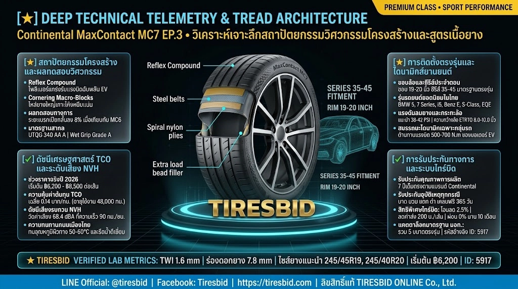 คลิกเพื่อขยายภาพสเปกวิศวกรรมและเทเลเมทรี Continental MaxContact MC7 ขอบ 19-20 นิ้ว บน Tiresbid ผ่าโครงสร้างวิศวกรรมยาง Continental MaxContact MC7 EP.3 ขอบ 19-20 นิ้ว เทคโนโลยี Reflex Compound โครงสร้าง Extra Load และ Noise Breaker 3.0 สำหรับรถสปอร์ตผู้บริหารและ EV ประจำปี 2026